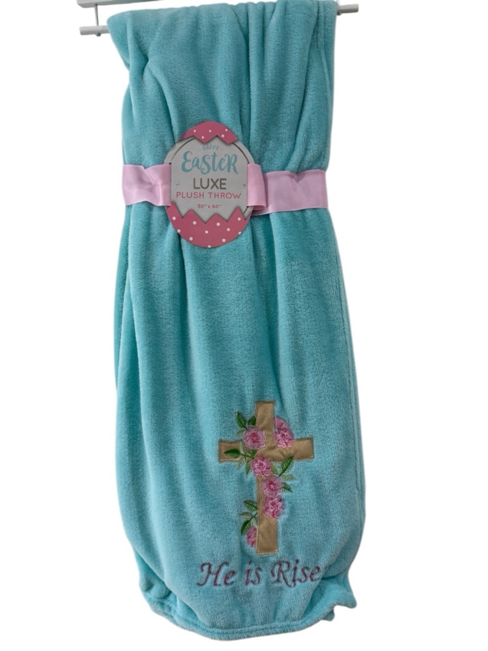 Easter Luxe Aqua Plush Throw with Embroidered Floral Cross “He is Risen”